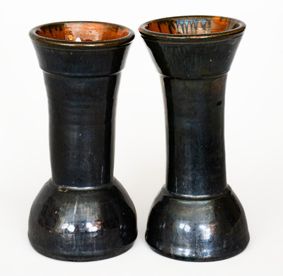 Rare Pair of Black-Glazed JOHN BELL, Waynesboro, PA Redware Vases, c1880