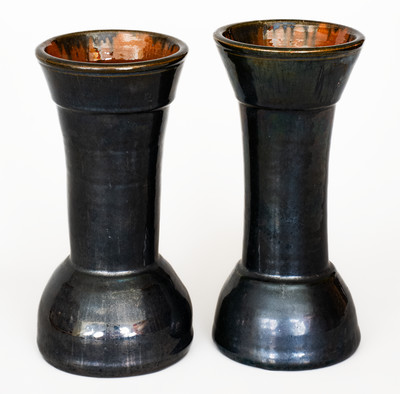 Rare Pair of Black-Glazed JOHN BELL, Waynesboro, PA Redware Vases, c1880