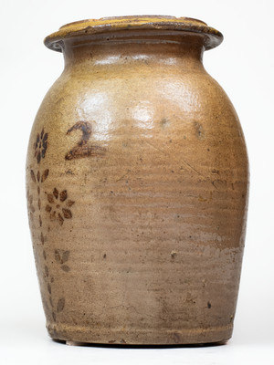 Attrib. Whelchel Family, Gaffney, SC Stoneware Jar w/ Brown Slip Floral Decoration,
