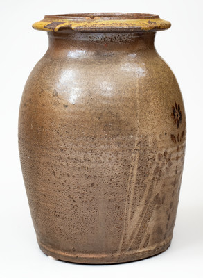 Attrib. Whelchel Family, Gaffney, SC Stoneware Jar w/ Brown Slip Floral Decoration,