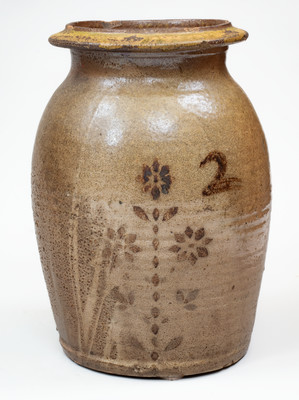 Attrib. Whelchel Family, Gaffney, SC Stoneware Jar w/ Brown Slip Floral Decoration,