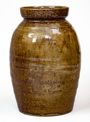 Scarce W.F. HAHN / TRENTON / SC Stoneware Handled Jar, late 19th century