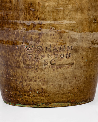 Scarce W.F. HAHN / TRENTON / SC Stoneware Handled Jar, late 19th century