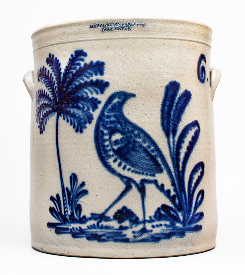 Exceptional 6 Gal. HARRINGTON & BURGER / ROCHESTER, NY Stoneware Crock with Elaborate Game Bird Decoration