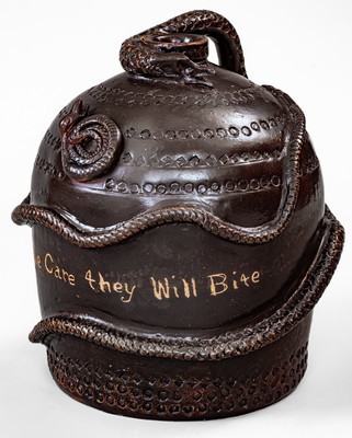 Fine and Rare Ohio Stoneware Snake Temperance Jug: "Take Care they Will Bite"