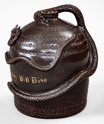 Fine and Rare Ohio Stoneware Snake Temperance Jug: "Take Care they Will Bite"