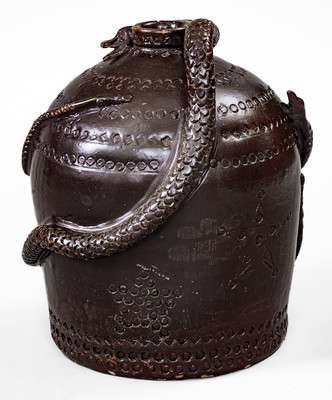 Fine and Rare Ohio Stoneware Snake Temperance Jug: "Take Care they Will Bite"