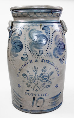 Very Rare 10 Gal. HAMILTON & JONES / STAR POTTERY Churn w/ CHAS. WOOLVERTON Stenciled Signature