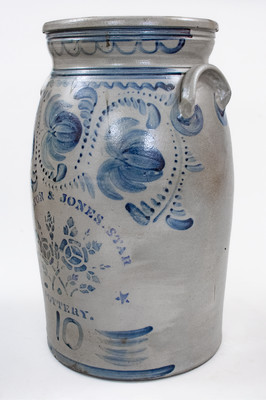 Very Rare 10 Gal. HAMILTON & JONES / STAR POTTERY Churn w/ CHAS. WOOLVERTON Stenciled Signature