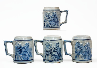 Lot of Four: Whites Utica Stoneware Mugs w/ Molded Buffalos and Tavern Scenes