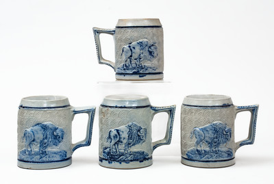 Lot of Four: Whites Utica Stoneware Mugs w/ Molded Buffalos and Tavern Scenes