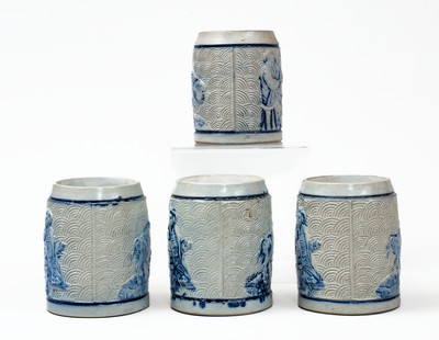 Lot of Four: Whites Utica Stoneware Mugs w/ Molded Buffalos and Tavern Scenes