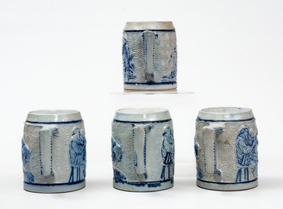 Lot of Four: Whites Utica Stoneware Mugs w/ Molded Buffalos and Tavern Scenes