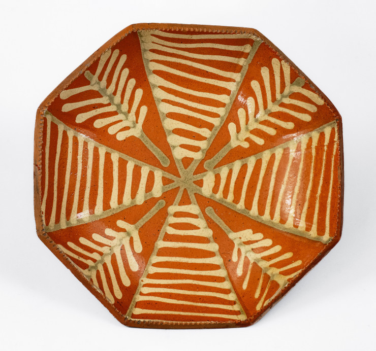 Extremely Rare Octagonal Redware Dish with Two-Color Slip Decoration, PA origin, 19th century