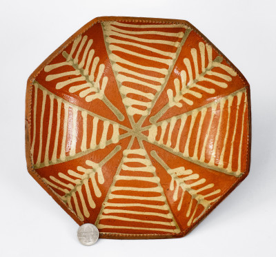 Extremely Rare Octagonal Redware Dish with Two-Color Slip Decoration, PA origin, 19th century