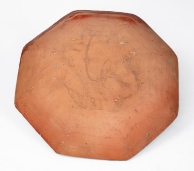 Extremely Rare Octagonal Redware Dish with Two-Color Slip Decoration, PA origin, 19th century