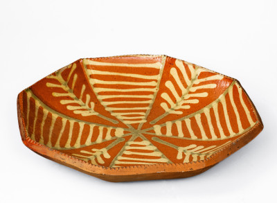 Extremely Rare Octagonal Redware Dish with Two-Color Slip Decoration, PA origin, 19th century