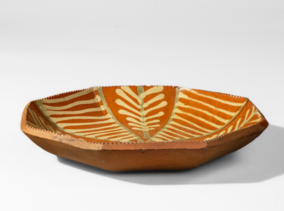 Extremely Rare Octagonal Pennsylvania Redware Dish w/ Profuse Two-Color Slip Decoration
