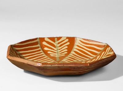 Extremely Rare Octagonal Pennsylvania Redware Dish w/ Profuse Two-Color Slip Decoration