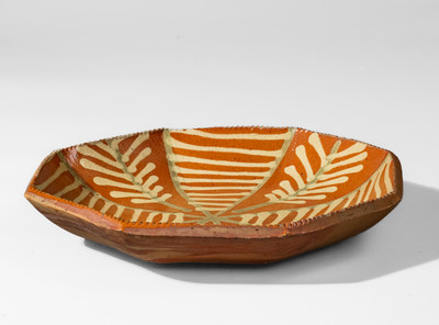 Extremely Rare Octagonal Pennsylvania Redware Dish w/ Profuse Two-Color Slip Decoration