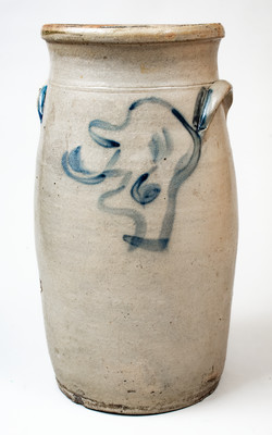 Unusual 6 Gal. Midwestern Stoneware Churn w/ Man s Head Decoration, probably Ohio