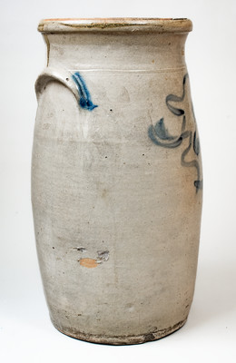 Unusual 6 Gal. Midwestern Stoneware Churn w/ Man s Head Decoration, probably Ohio