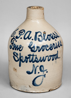 Rare Spottswood, NJ Stoneware Script Advertising Jug, attrib. Fulper Pottery, c1900