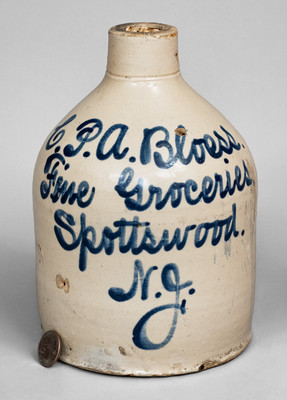 Rare Spottswood, NJ Stoneware Script Advertising Jug, attrib. Fulper Pottery, c1900