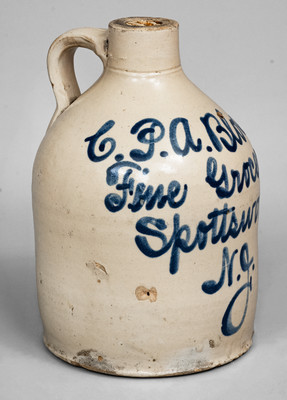 Rare Spottswood, NJ Stoneware Script Advertising Jug, attrib. Fulper Pottery, c1900