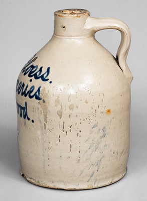 Rare Spottswood, NJ Stoneware Script Advertising Jug, attrib. Fulper Pottery, c1900
