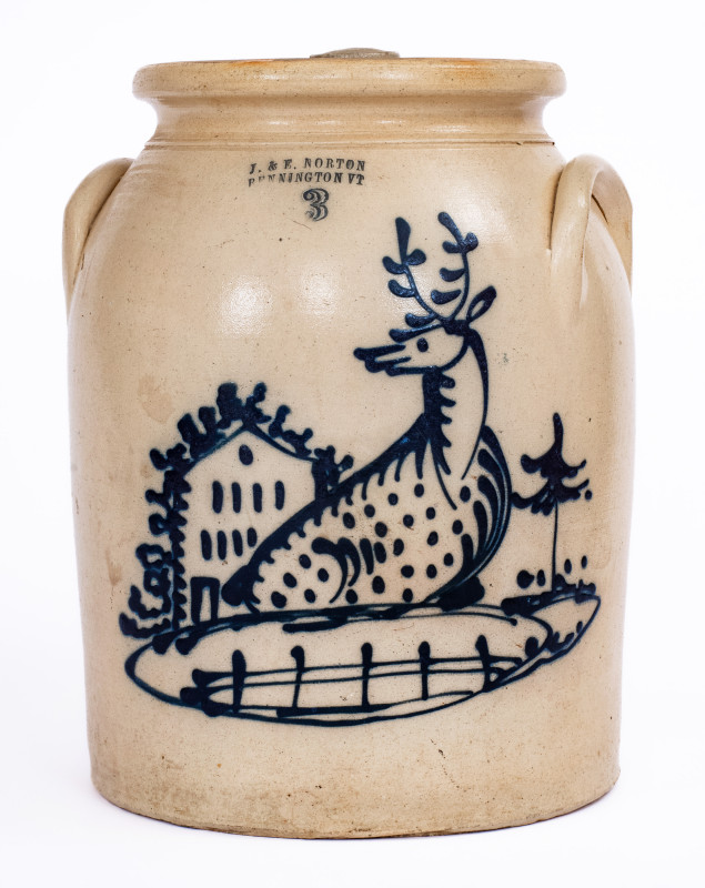 Very Fine 3 Gal. J. & E. NORTON / BENNINGTON, VT Stoneware Jar with Deer and House Decoration