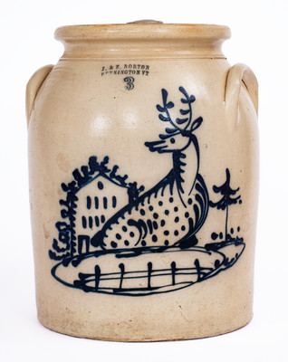Scarce and Fine J. & E. NORTON / BENNINGTON, VT Stoneware Jar w/ Deer and House Scene