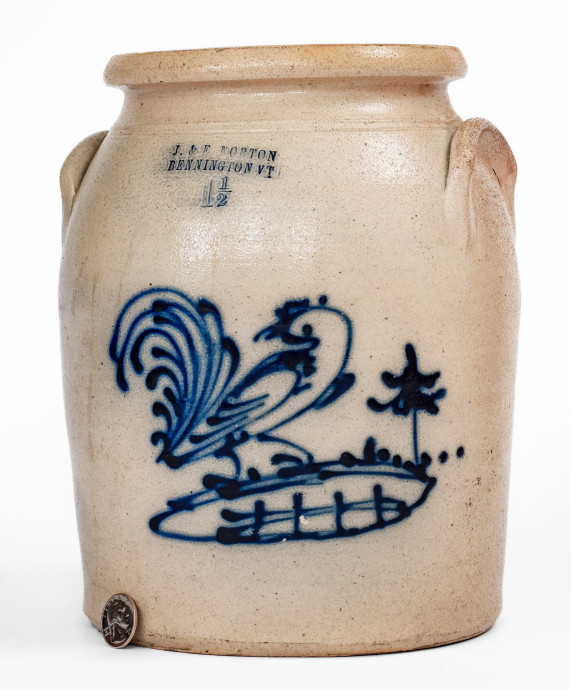Fine 1 1/2 Gal. J. & E. NORTON / BENNINGTON, VT Stoneware Jar with Rooster, Tree, and Fence Decoration