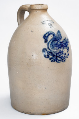 Extremely Rare Two-Gallon Stoneware Jug with Cobalt Swan on Nest Decoration, Stamped 