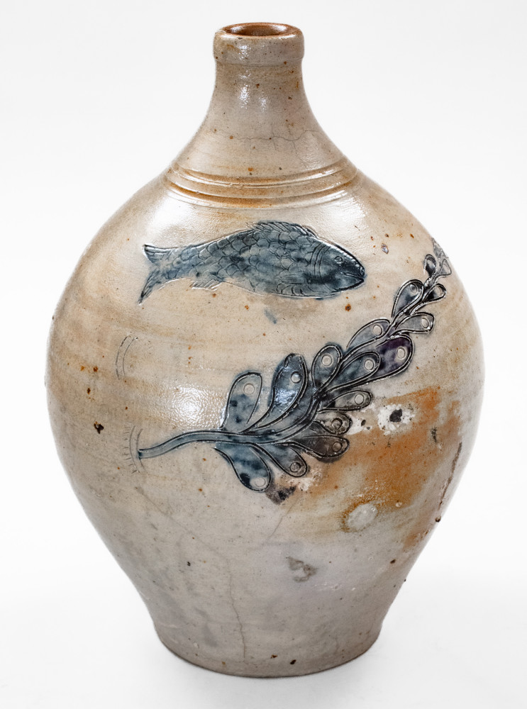 Outstanding Stoneware Jug with Impressed Fish and Incised Seaweed Decoration att. Jonathan Fenton, Boston, MA, circa 1800
