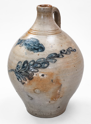 Outstanding att. Jonathan Fenton (Boston) Stoneware Jug w/ Impressed Fish and Incised Seaweed, late 18th century