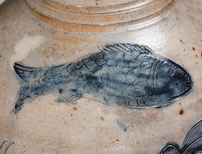 Outstanding att. Jonathan Fenton (Boston) Stoneware Jug w/ Impressed Fish and Incised Seaweed, late 18th century