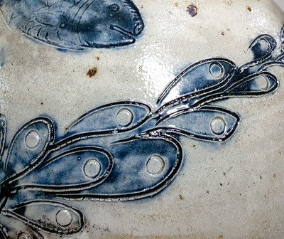 Outstanding att. Jonathan Fenton (Boston) Stoneware Jug w/ Impressed Fish and Incised Seaweed, late 18th century