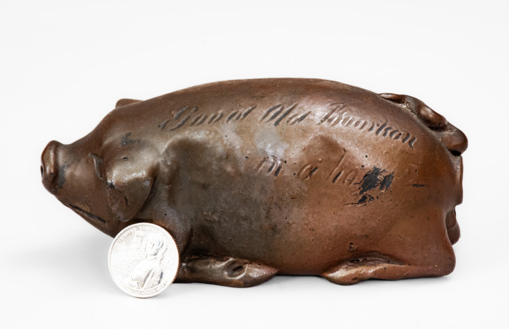 Brown-Glazed Anna Pottery Stoneware Pig Bottle