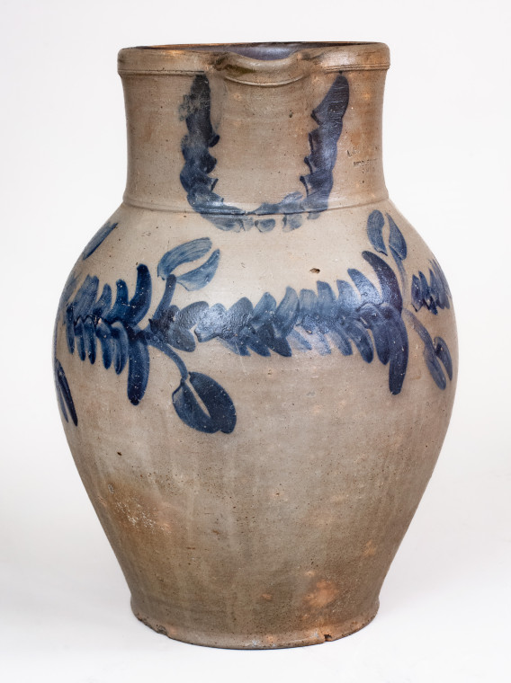 Extremely Rare Three-Gallon Stoneware Pitcher with Elaborate Cobalt Floral Decoration, Stamped 