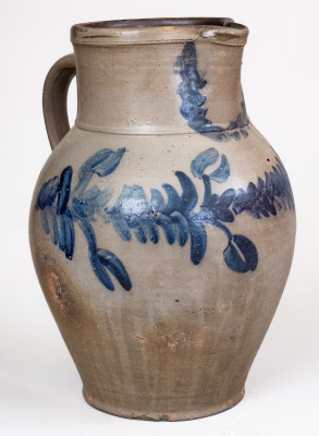 Extremely Rare Three-Gallon Stoneware Pitcher with Elaborate Cobalt Floral Decoration, Stamped 