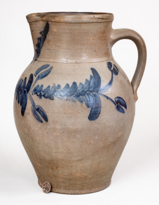 Extremely Rare Three-Gallon Stoneware Pitcher with Elaborate Cobalt Floral Decoration, Stamped 