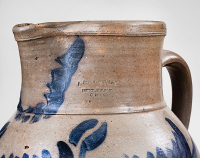 Extremely Rare Three-Gallon Stoneware Pitcher with Elaborate Cobalt Floral Decoration, Stamped 