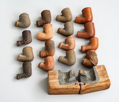 Pipe Mold w/ 16 Stoneware Pipe Heads, probably Moore County, NC