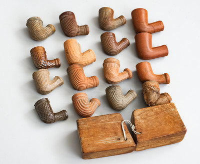 Pipe Mold w/ 16 Stoneware Pipe Heads, probably Moore County, NC