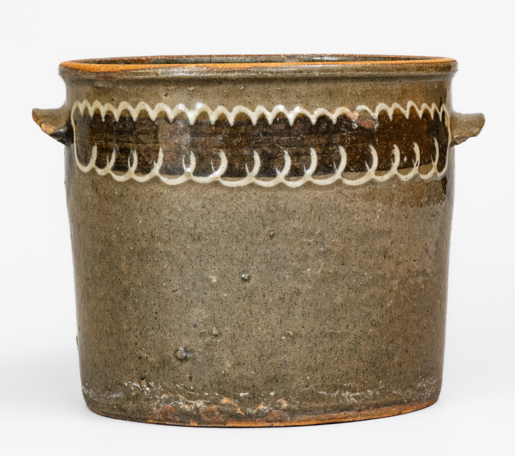 Very Fine and Rare Stoneware Cake Crock with Two-Color Slip Decoration, Edgefield District, SC