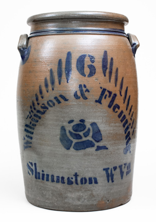 Very Fine  6 Gal. Wilkinson & Fleming / Shinnston, W. Va. Stoneware Jar w/ Stenciled Rose Decoration