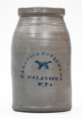 PALATINE POTTERY CO. / PALATINE, W. VA Stoneware Canning Jar w/ Stenciled Dog