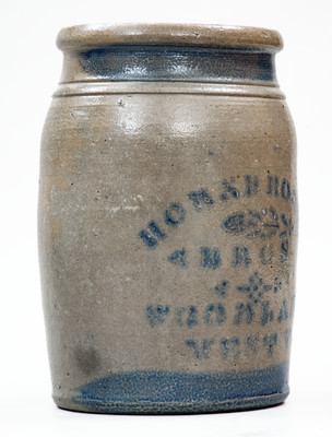 Very Rare WOODLAND, WEST VA Stoneware Stenciled Advertising Jar