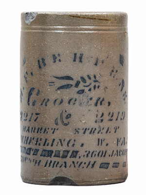 Wheeling, W. VA Stoneware Stenciled Canning Jar w/ Elaborate Advertising